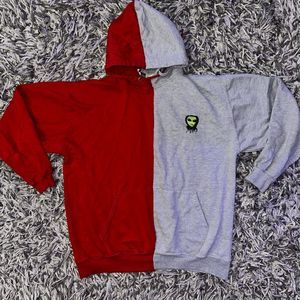 3XL Alien Head Smoking Blunt Hoodie Sweatshirt Half Split Sewn Red Gray